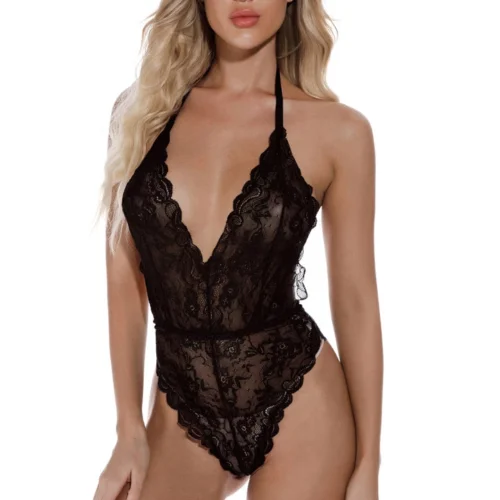 3WISHES Scalloped Lace Halter Teddy Lingerie