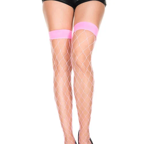 Music Legs Neon Pink Diamond Net Stockings With Wide Bands Hosiery
