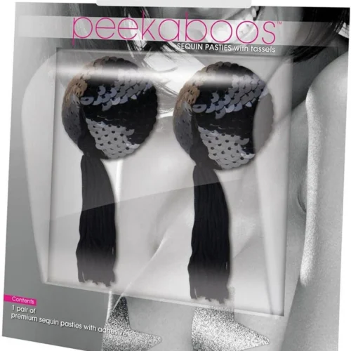 XGEN Black Sequin With Black Tassel Nipple Pasties