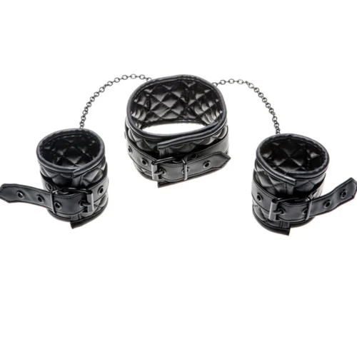 Allure Quilted Faux Leather Chained Collar & Wrist Cuffs Lingerie
