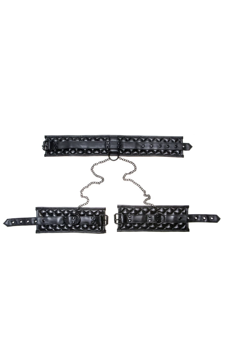 Allure Quilted Faux Leather Chained Collar & Wrist Cuffs Lingerie 3 Allure Quilted Faux Leather Chained Collar & Wrist Cuffs Lingerie