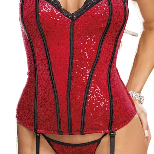 Shirley Of Hollywood Red Sequin & Black Boning Garter Corset Lingerie