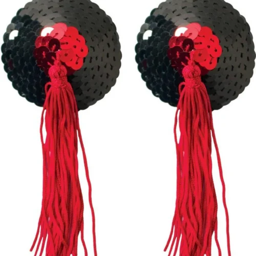XGEN Black & Red Sequin With Black Tassel Nipple Pasties Lingerie