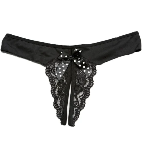 Shirley Of Hollywood Crotchless Black Spandex Panty With Polka Dot Bow