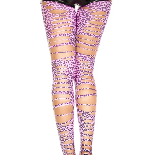 Music Legs Neon Pink Tattered Leopard Print Footless Tights Hosiery