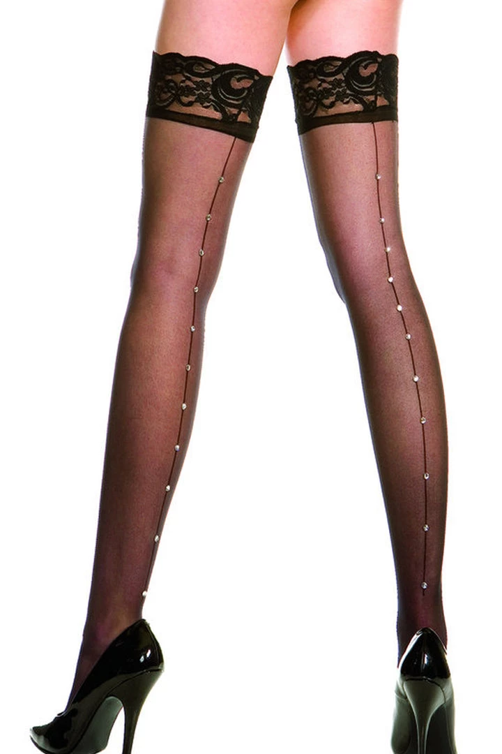 Music Legs Black Sheer Thigh High Stockings With Rhinestones 1 Music Legs Black Sheer Thigh High Stockings With Rhinestones