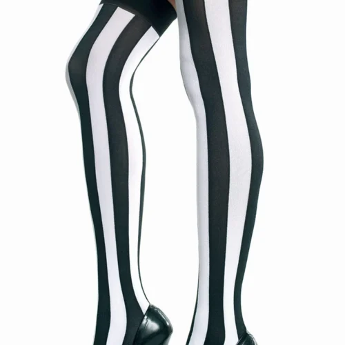 Music Legs Black And White Opaque Striped Thigh Highs