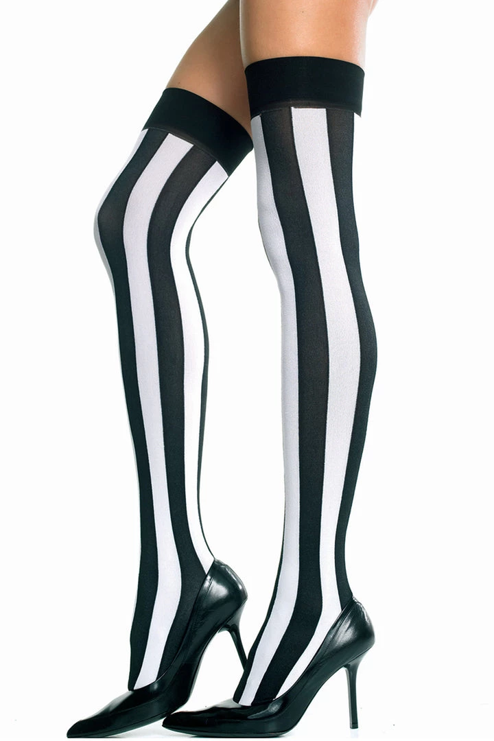 Music Legs Black And White Opaque Striped Thigh Highs 1 Music Legs Black And White Opaque Striped Thigh Highs