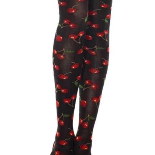 Music Legs Hosiery Cherry Print Black Thigh High