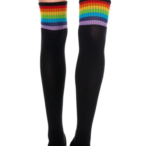 Music Legs Hosiery Black Thigh High Sock Stockings With Rainbow Stripes