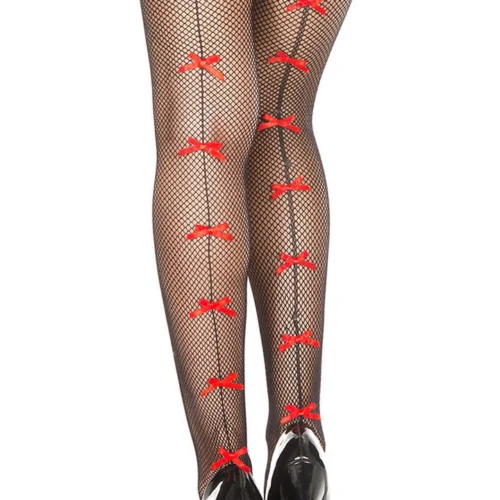 Music Legs Hosiery Black Fishnet Thigh Highs With Red Bow Backseams