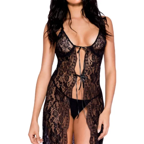 Music Legs Black Lace Open Front Lingerie Gown