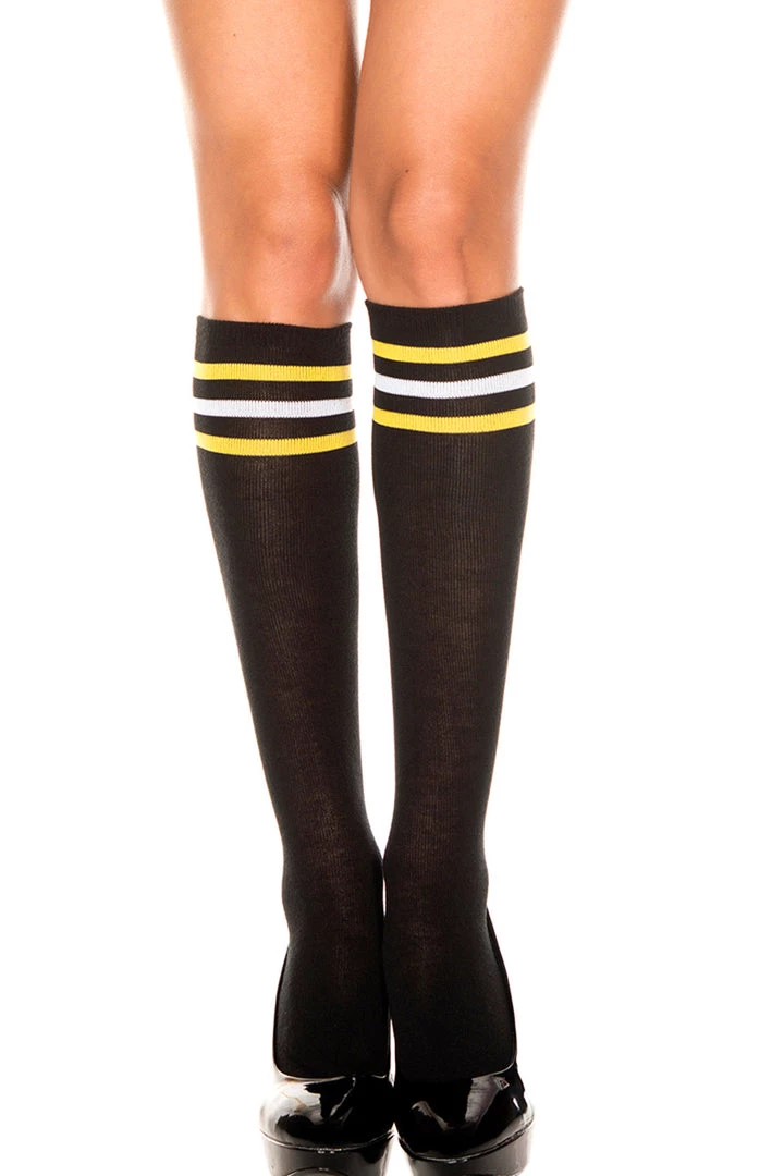 Music Legs Black, Yellow, And White Striped Knee Highs Hosiery 1 Music Legs Black, Yellow, And White Striped Knee Highs Hosiery