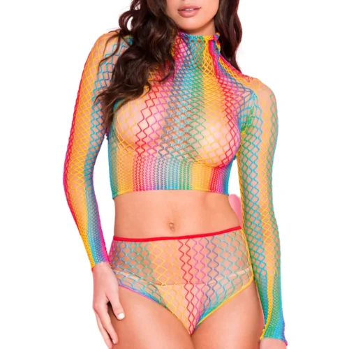 Music Legs Rainbow Fishnet Crop Top And Panty Lingerie