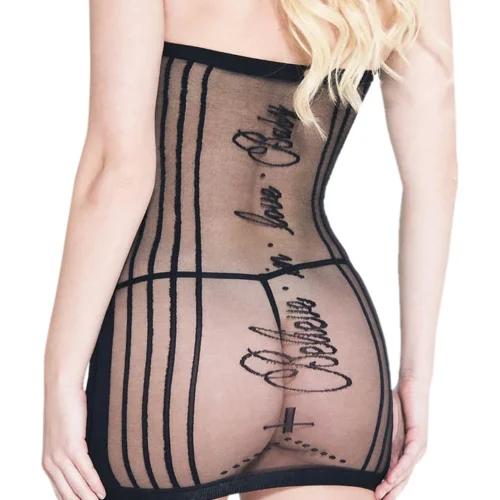 Music Legs Lingerie Love Quotes Sheer Striped Mini Body Stocking Dress