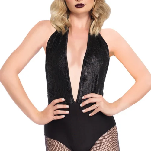 Leg Avenue Black Sequin Halter Bodysuit
