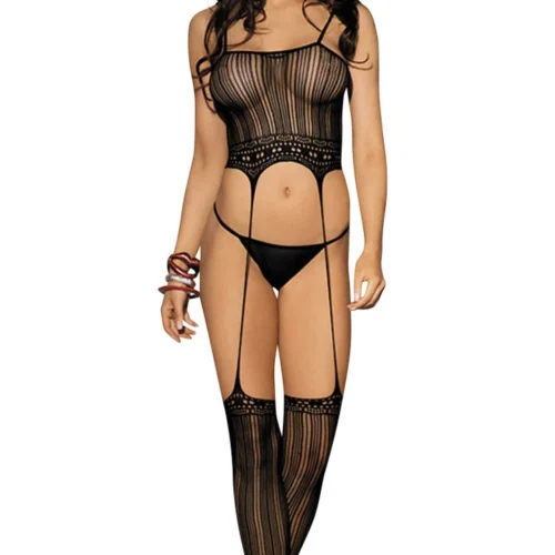 BL Brands Black Cut-Off Body Stocking W- Garters Lingerie