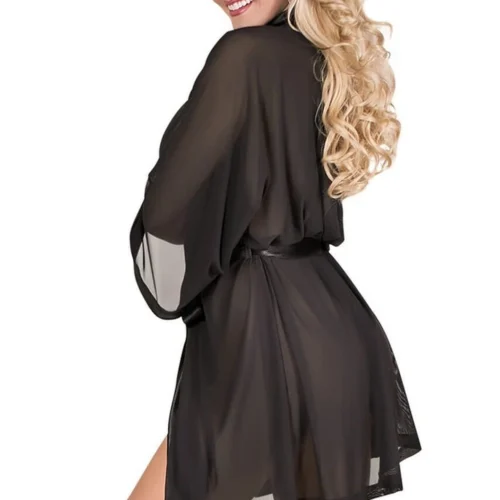 Magic Silk Plus Size Skye Black Mesh And Satin Kimono Robe