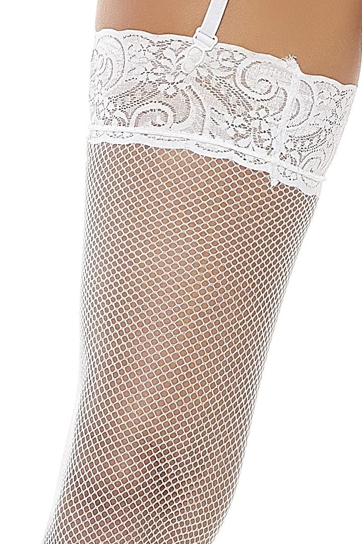 Popsi White Wide Lace Garter Belt & Fishnet Thigh Highs 5 Popsi White Wide Lace Garter Belt & Fishnet Thigh Highs