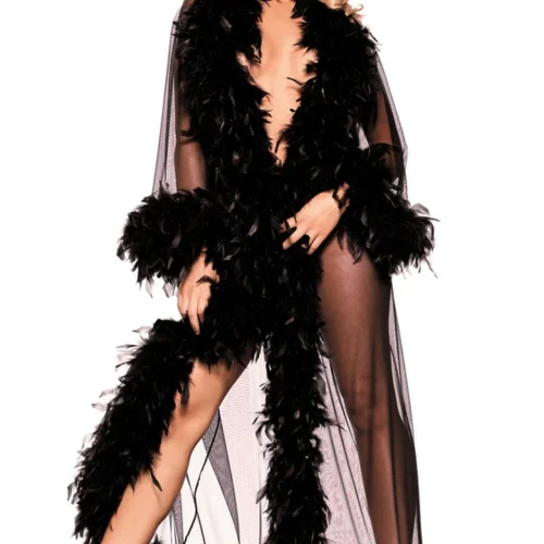 Be Wicked Glamorous Black Floor Length Feather Robe Lingerie