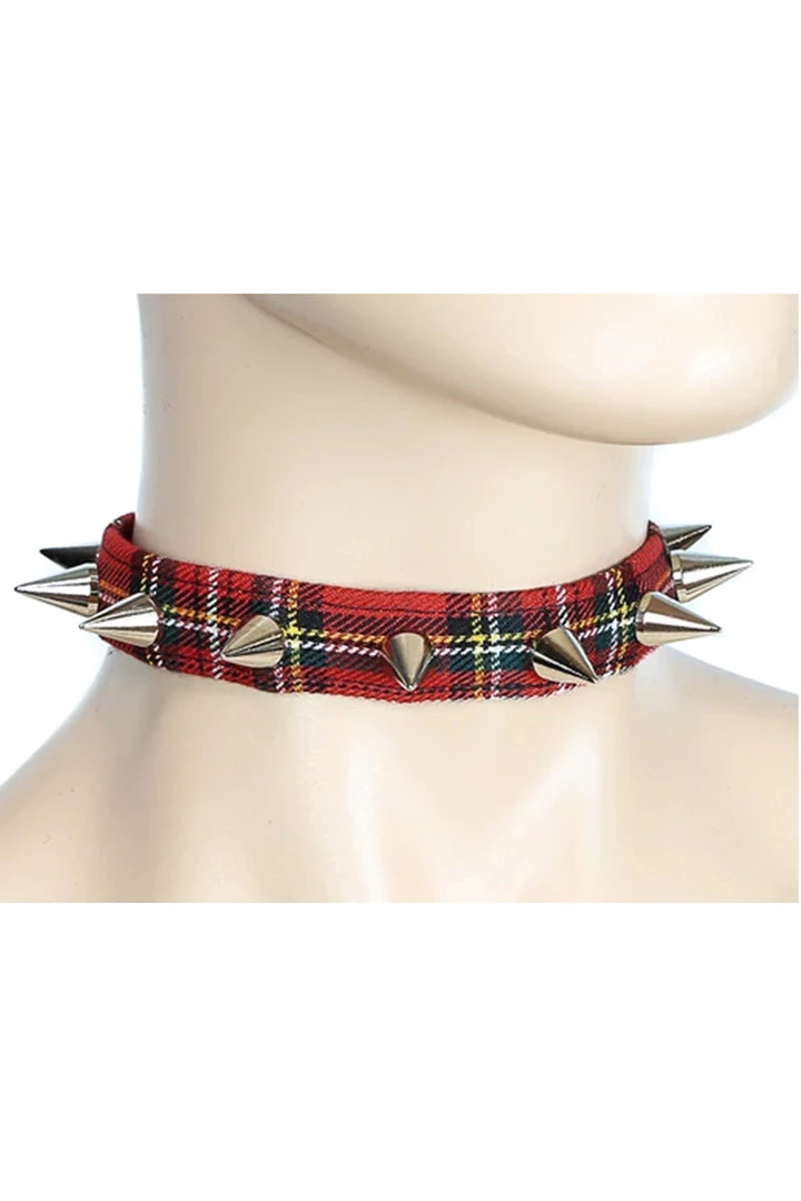 Funk Plus 3-4" Red Plaid Choker With Small Cone Spikes 1 Funk Plus 3-4" Red Plaid Choker With Small Cone Spikes