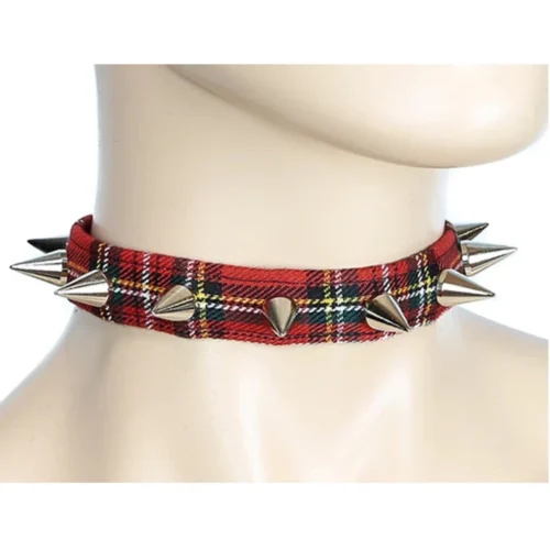 Funk Plus 3-4" Red Plaid Choker With Small Cone Spikes