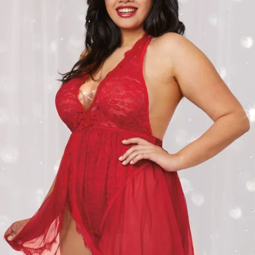 Dreamgirl Plus Size Halter Plunge Lace Skirted Teddy