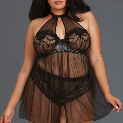 Dreamgirl Plus Size Lingerie Plus Size Sheer Mesh And Lace High Neck Babydoll