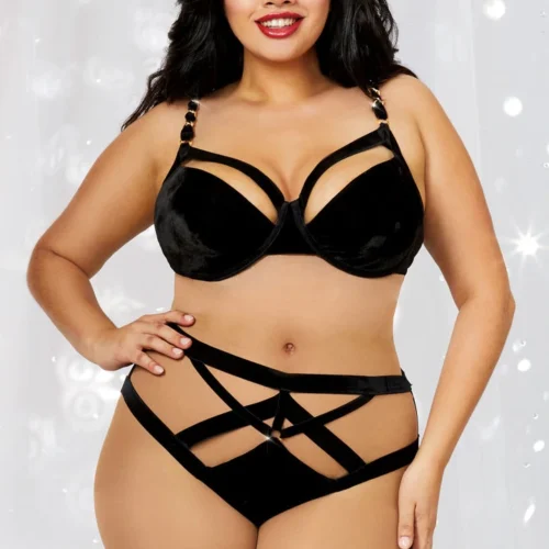 Dreamgirl Plus Size Strappy Velvet Bra And Panty Set