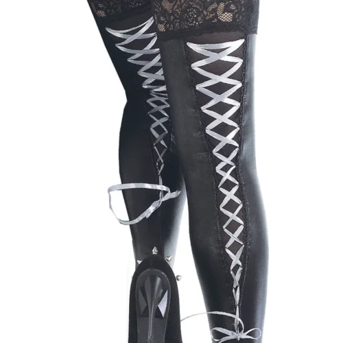 Coquette Lace Up Ribbon Wet Look Thigh High Stockings Lingerie