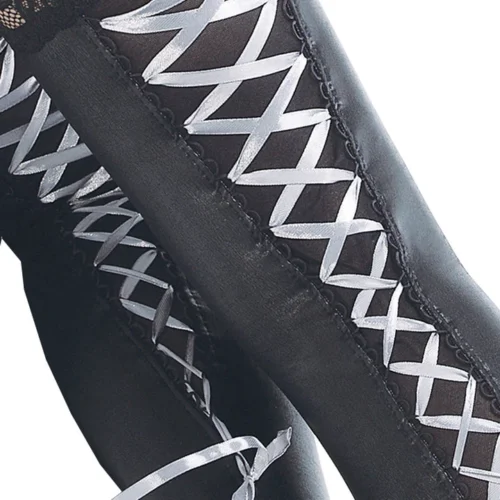 Coquette Lace Up Ribbon Wet Look Thigh High Stockings Lingerie