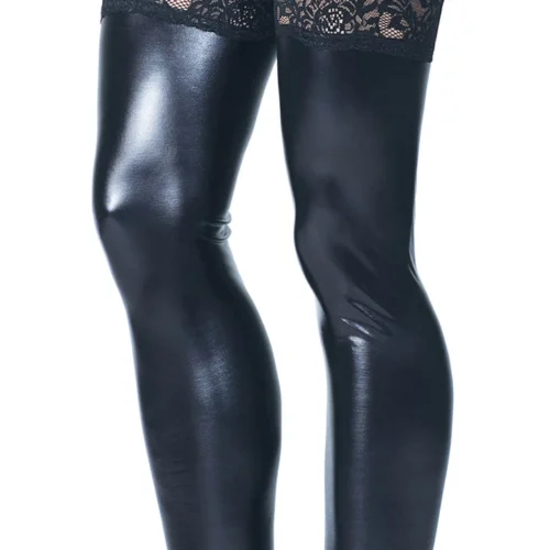 Coquette Lace Up Ribbon Wet Look Thigh High Stockings Lingerie