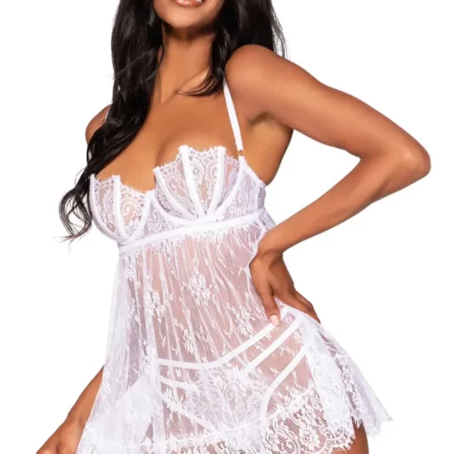 Dreamgirl Babydoll Lingerie White Eyelash Lace Babydoll Set