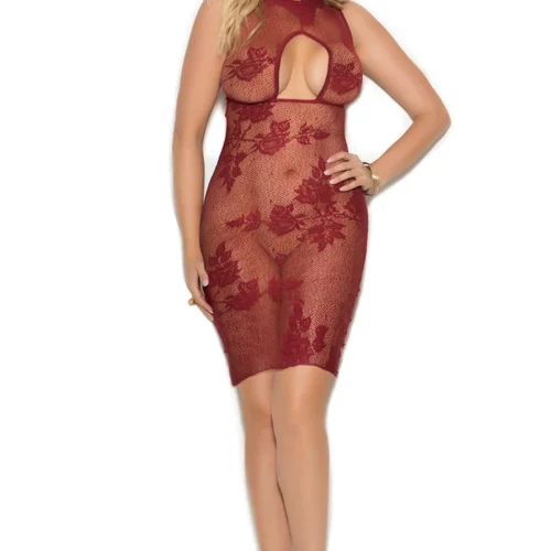 Elegant Moments Plus Size Burgundy Lace Keyhole Chemise