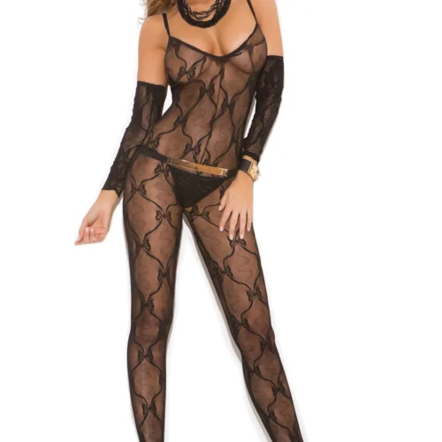 Elegant Moments Bow Lace Bodystocking And Gloves