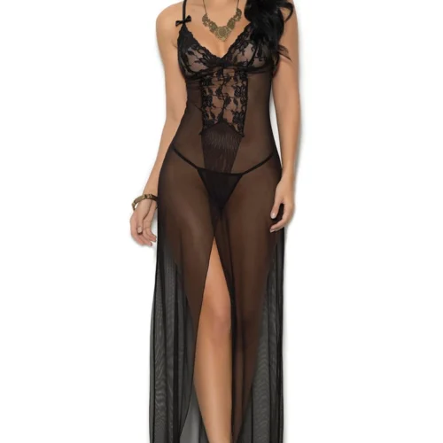 Elegant Moments Long Mesh And Lace Lingerie Gown