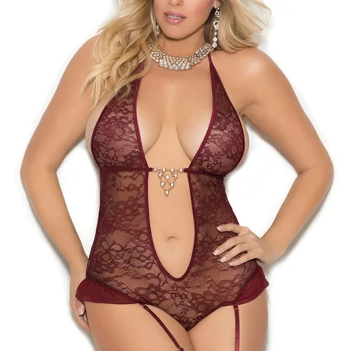 Elegant Moments Plus Size Wine Lace Garter Teddy