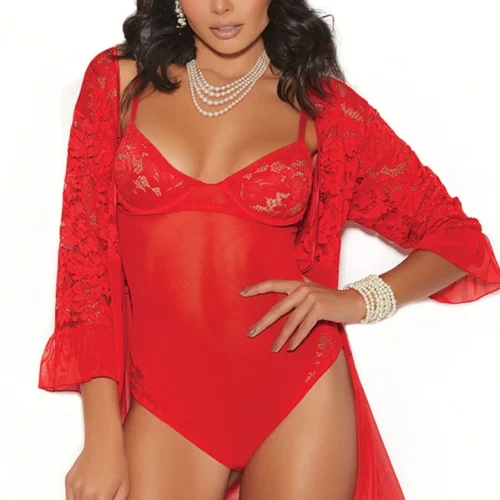 Elegant Moments Red Mesh Teddy And Bedroom Jacket Lingerie