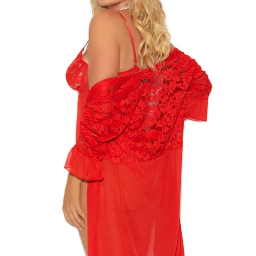 Elegant Moments Plus Size Red Mesh Teddy And Bedroom Jacket