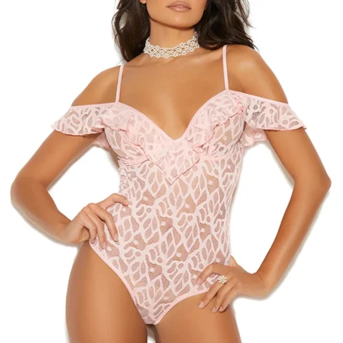 Elegant Moments Lingerie Baby Pink Off The Shoulder Teddy