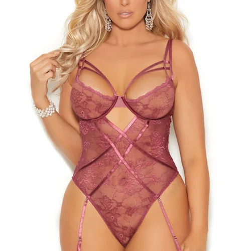 Elegant Moments Plus Dusty Wine Lace Teddy Plus Size