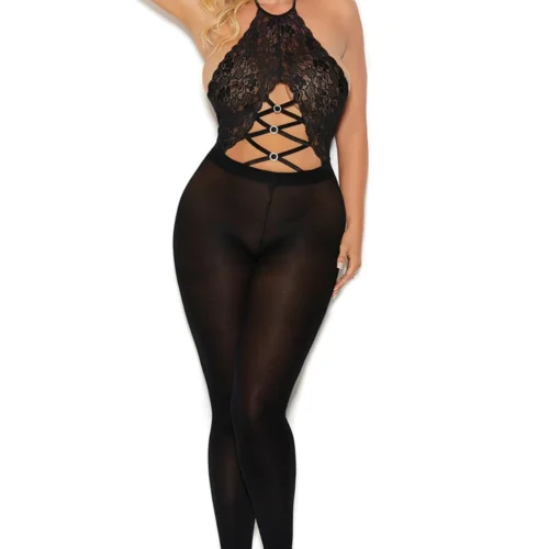 Elegant Moments Lace And Opaque Halter Bodystocking