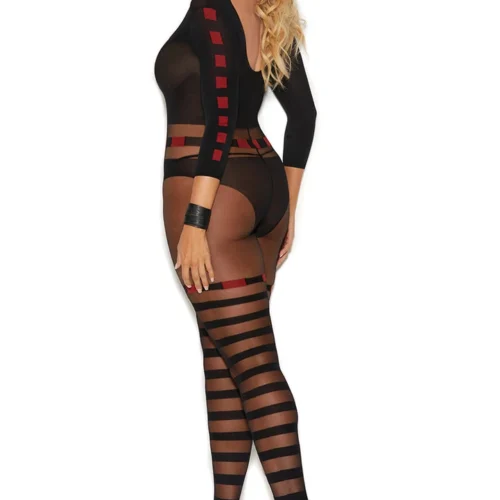 Elegant Moments Plus Size Red And Black Patterned Bodystocking
