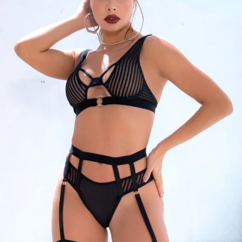 Mapalé Striped Mesh Bra And Garter Panty Lingerie