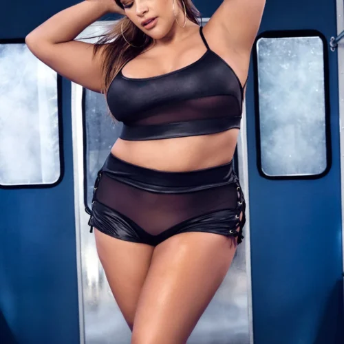 Mapale Plus Size Strapped Mesh And Wet Look Set