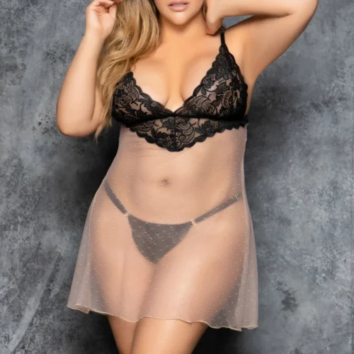 Mapalé Plus Size Nude Mesh And Black Lace Babydoll