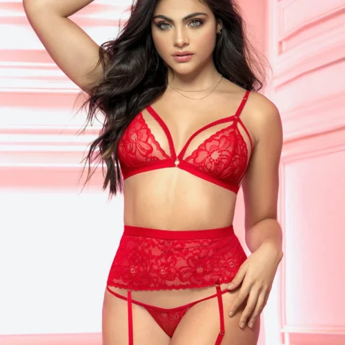 Mapalé Lingerie Racy Red Cage Bra And Garter Set