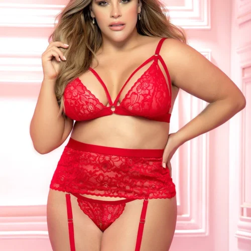 Mapalé Plus Size Racy Red Cage Bra And Garter Set