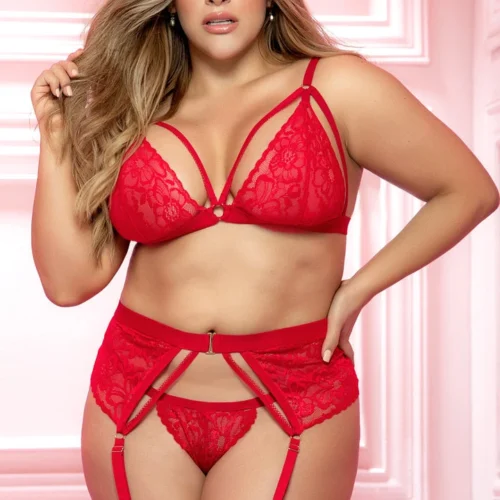 Mapalé Plus Size Racy Red Cage Bra And Garter Set