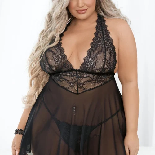 Escante Plus Size Black Mesh And Lace Racerback Babydoll